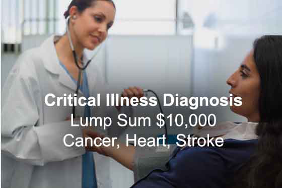 Critical Illness Diagnosis Lump Sum $10,000 Cancer, Heart, Stroke